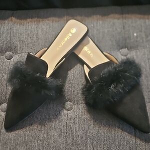Allegra K Elegant Black Fur-Trimmed Mules